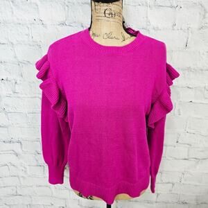 Basement ruffle shoulder sweater Sz S long sleeve scoop neck pink A24
